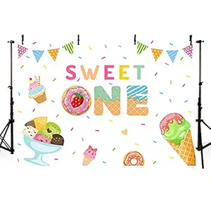 MEHOFOND Sweet One Girl Birthday Party Decorations Photo Studio Background Summer Happy 1st Birthday Donut Ice Cream Cookies Banner Photography Backdrops for Picture 7x5ft