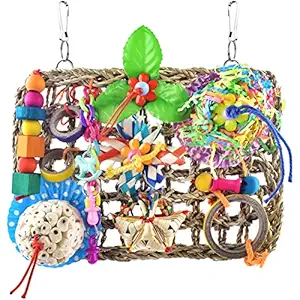 KATUMO Bird Toys, Bird Foraging Wall Toy Edible Seagrass Woven Climbing Hammock Mat with Natural Sola Cake Ball Colorful Chew Toys for Parakeet, Budgerigar, Conure, Cockatiel, Lovebird, Parrots