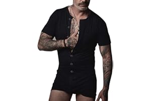 MUSCLE ALIVE Mężczyźni Krótki rękaw Onesie Henley Kombinezon Elastyczny Bawełna Ramper Piżamy Komplety piżam