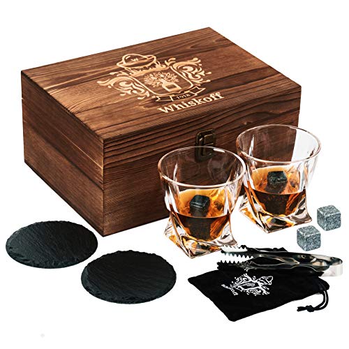Juego de 2 vasos de whisky Twist. Set de regalo de piedras de whisky Bourbon. Juego de pinzas, posavasos, piedras de enfriamiento y gafas de bar - vaso de whisky en caja de regalo de madera