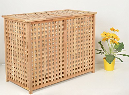 Wäschekorb Doppelkammer Wäsche Truhe 67 cm Höhe Badmöbel Massiv Walnuss Holz - 7