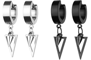 Androxeda 2 paires de boucles d'oreilles créoles Huggie Hoop Boucles d'oreilles à charnière avec goutte conique et triangle ouvert Femme Homme Noir Argent