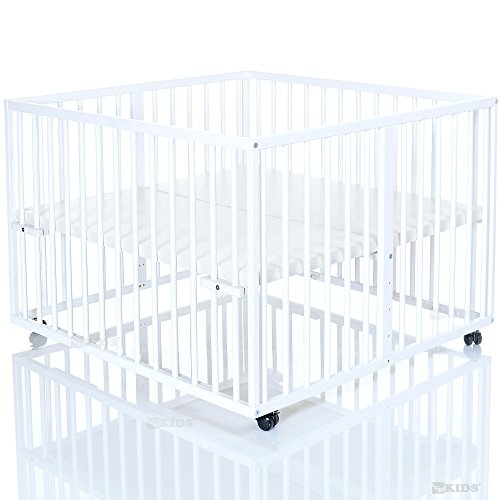 Wooden Baby Playpen 100x100 cm Niklas white - base covered with PVC foil and height adjustable - 4 wheels
