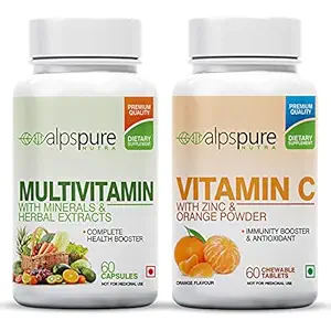 Alpspure Nutra Multivitamin 60 Capsules & Vitamin C Orange 60 Chewable Tablets with Zinc, Immunity Booster, Health Booster & Antioxidants (Combo)