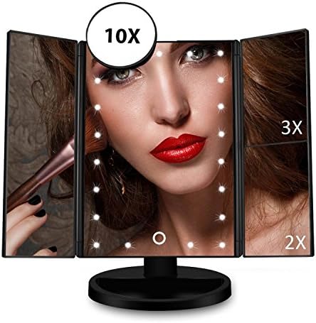 eVmu 21 LED Makeup Mirror, Lighted Vanity Mirror Tri-fold Touch Screen Magnification Adjustable Portable Foldable Travel Cosmetic Makeup Mirror, Battery or USB Powered Table Stand Mirror, Black