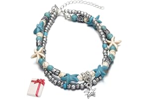 Ouceanwin Boho Türkis Fußkette Damen, Verstellbar Geschichtete Fußkettchen Elefant Anhänger Mehrschichtige Knöchel Schmuck Charm Sandstrand Fußschmuck Boho für Frauen Mädchen