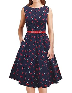 iLover Frauen 50er Jahre Vintage Hepburn Button Dekoration Swing Party Cocktail BallGown Druck Kleid