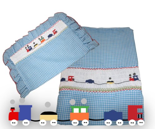 Toddler/Baby Boy Gingham Hand Embroidered Smocked "Long Train" Bed Set.Duvet Cover+Pillow Case. 100% Cotton