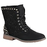  Stiefelparadies Damen Stiefeletten Schnürstiefeletten Gefütterte Boots Spitzenstoff Schuhe Nieten Schnürboots 149620 Schwarz Nieten 38 Flandell