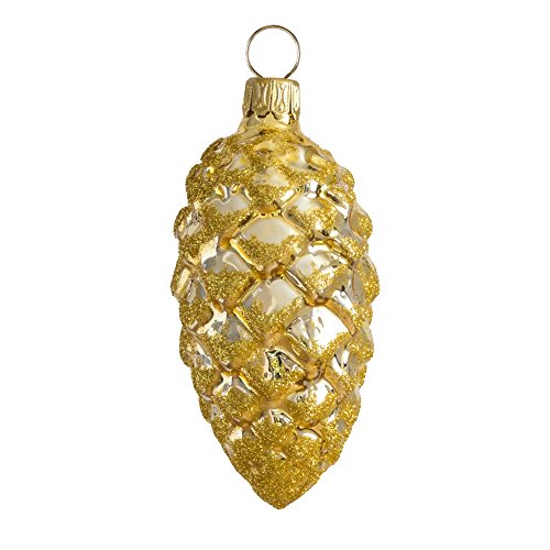 Thüringer Weihnacht, Gold glänzend, Goldglimmer-Dekor, 3 Stück Christbaumschmuck aus Glas, Tannenzapfen