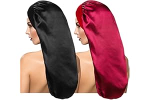 TSKNOMO 2 Pcs Long Silky Sleep Bonnet for Curly Hair, Hair Bonnets Long Dreadlocks and Braids Satin Sleeping Caps Night Cap for Women Hair Care