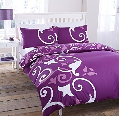 ABIGAIL SPIRAL SCROLL PURPLE REVERSIBLE DUVET SET QUILT COVER BEDDING BEDROOM SET (3 SIZES) (Double)