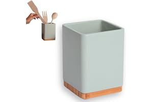 KOOK TIME Porta utensilios de cocina - Bote para utensilios cocina de cerámica y bambú - Soporte utensilios cocina cuadrado - Verde Salvia mate - 10.5 x 10.5 x 15 cm