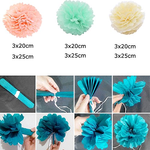 Daily Mall Mixed DIY Papier Blumen Papier Pompom 18er 20cm/25cm PomPoms Zum Aufhängen Seidenpapier schöne Dekor für Geburtstag Hochzeitsfest Basteln Babyshower Dekoration Feier Party Baby-Duschen Brautduschen Wohnungdeko (Beige-Mint grün-Peach) - 7