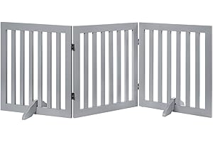 unipaws Wooden Dog Gate, Freestanding Pet Gate, Foldable Pet Fence Indoor Wood Barrier, Free Stair Gate with 2PCS Support Feet (61cm Height, 3 Panels) Light Grey
