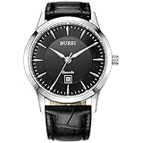 Burei Damen-Armbanduhr, analog, Quarz, Tag und Datum, Kalender, schwarzes Zifferblatt mit schwarzem Echtleder-Armband