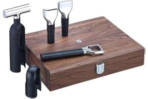 WMF Baric Wein Sommelier Set 5-teilig, Wein Zubehör, Korkenzieher, Folienschneider, Flaschenverschluss, Weinausgießer, Flaschenöffner, in Walnussholzbox, schwarz