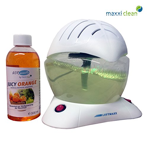 Luftmaxx Air Bowl + Maxxi Clean Duft Orange 0,5L Luftreiniger Luftreinigerkonzentrat Lufterfrischer für Allergiker Luftreinigungsgerät reinigt, ionisiert Raumluft mit Wasser, pure Air Qualität