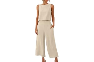 KUIH 2 Piece Outfits for Women Sleeveless Blouses Jumpsuits for Women Linen Sets for Women 2 Piece Wide Leg Pants with Pocket for Women Round Neck Crop Basic Top Women's Linen Trouser Suits UK Size