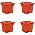 Green Live UV Treated Square Planter Pot | Gamla Planter Pots | Flower Planter Pot 10" with Bottom Tray for Indoor, Outdoor, Balcony and Gardening - Pack of 4 (Brown)