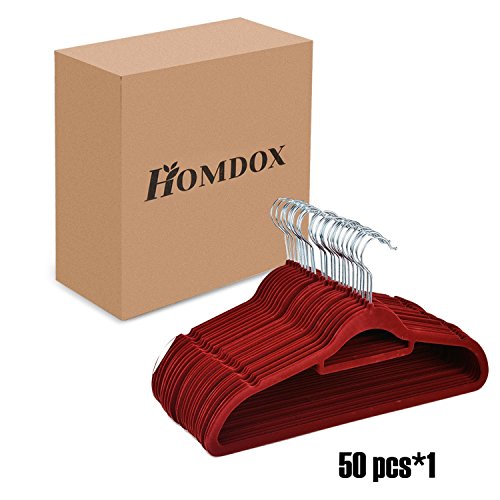 Homdox 50-er Set Beflockte Kleiderbügel Anzugbügel Garderobenbügel Mantel Hosen Bügel Aufhänger mit rutschfester Oberfläche superdünn 0,5 cm dick Weinrot - 8