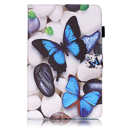 Für Samsung Galaxy Tab E 9.6 Zoll SM-T560 Leder Tasche Hülle,Für Samsung Galaxy Tab E 9.6 Zoll SM-T560 Leichter Wallet Kickstand Hülle,Herzzer Mode Hübsch [Blauer Schmetterling Gedruckt] Shockproof Kratzfest PU leder Mappen Geldbeutel Folio Abdeckung mit Karte Bargeld Schlitz Weiche TPU Innere Kasten Hülle Case für Samsung Galaxy Tab E 9.6 Zoll SM-T560 + 1 x Frei Blau Handy Halterung Ständer + 1 x Frei Blau Stift Stylus - 2