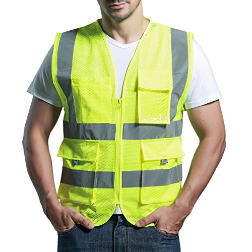 Panegy Atmungsaktives Netz Hohe Sichtbarkeit Warnweste Reflektierende Weste mit Taschen - Neon Gelb Größe XL