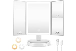 ‎AUXMIR Auxmir Schminkspiegel mit Beleuchtung 10X/5X/1X Vergrößerung, 2000mAh USB Aufladbar Kosmetikspiegel mit Touch Dimmbar Beleuchtung 3 Lichtfarben, Faltbar LED Tischspiegel Vergrößerungsspiegel mit Licht