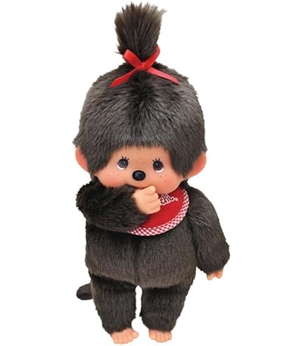 Peluche Monchhichi Fille 20 Cm – Sekiguchi Avec Bavoir Rouge Et Album Photo – Douce Et Câline