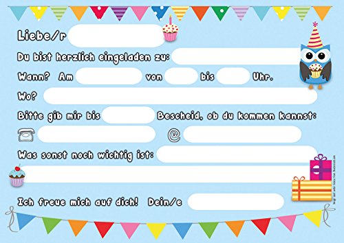 12 Einladungskarten zum Kindergeburtstag „Eulen“ // Geburtstagseinladungen Einladungen Geburtstag Kinder Erwachsene Jungen Mädchen Einladungstext 1. Vorlagen Karten Set - 2