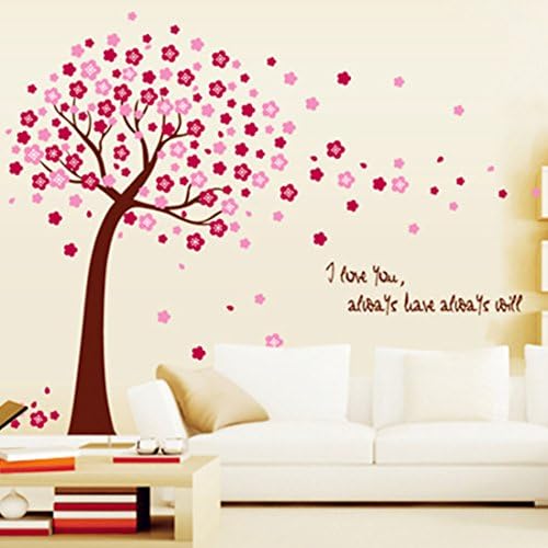 Beautiful Pink Peach Blossom Tree Wall Sticker House Decal Removable Living Room Wallpaper Bedroom Kitchen Art Picture PVC Murals Sticks Window Door Decoration + 3D Frog Car Sticker Gift