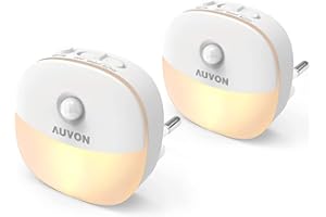 AUVON Luce Notturna da Presa con Sensore di Movimento e Sensore Crepuscolare, Luce Notturna Bambini LED Bianco Caldo con Luminosità Regolabile da 1-50 lm per Camerette, Corridoio, Cucina [2 Pezzi]