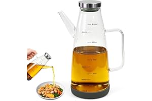 Fuhesgu Aceitera Cristal Antigoteo 1L Dispensador de Aceite de Oliva Vidrio Borosilicato Botella Aceite Rellenable Antigoteo para Aceite Vinagre Cocina Acampar Barbaco con Base Antideslizante y Escala
