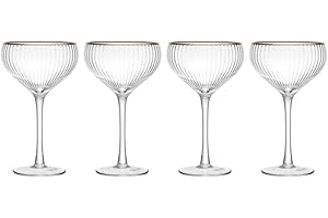 MIKASA Sorrento Ridged Crystal Coupe Glasses with Gold Rim and Wide Shape, 380ml, Set of 4 Lead-Free, Clear Fine Glasses, Sleek Design for Celebrations