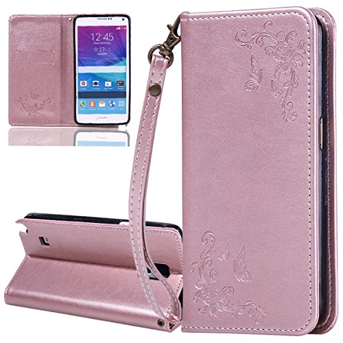 Samsung Galaxy Note 4 PU Leather Case, NEW Galaxy Note 4 Flip Case ISAKEN Solid Color Wallet Case with [Kickstand] [Card Slots] [Magnetic Closure] Flip Notebook Cover Case for for Samsung Note 4 - Rose gold