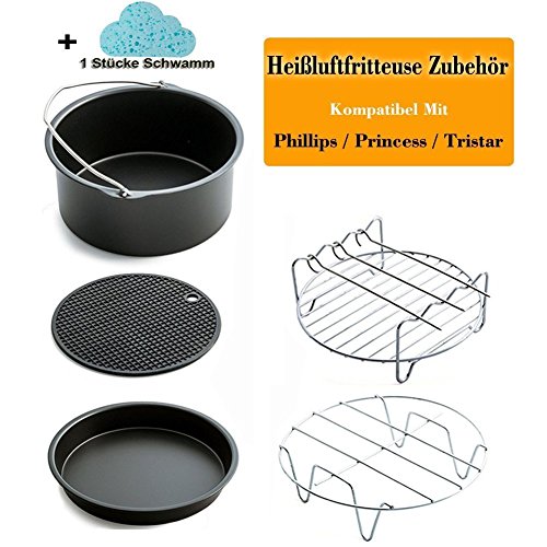 5 Stcke Universal Heiluftfritteuse Zubehr Fr Philips Princess Und Tristar Passen 3l Und Oben Backform Pizza Pan Grillrost Mit 3 Spieen Metall Halter Silikonmatte