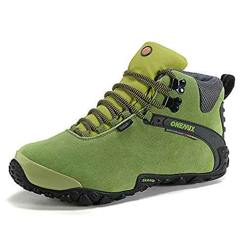 Onemix Mujeres tobillo-alto cálido calzado deportivo cómodo Impermeable botas de nieve de invierno Trekking Trail Senderismo botas Negro verde Size 38 EU