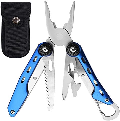 Multitool, XBoze Camping Multi Tool with Portable Hanging Buckle 10-in-1 Stainless Steel Outdoor Folding Multi Pliers with Nylon Sheath for Home, Gift, Survival, Fishing, Hiking (Blue)
