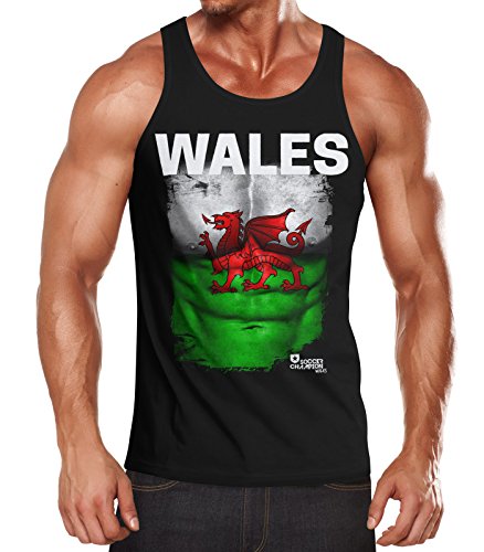 EM Tanktop Herren Fußball Wales Flagge Fanshirt Waschbrettbauch Muskelshirt MoonWorks® schwarz XL