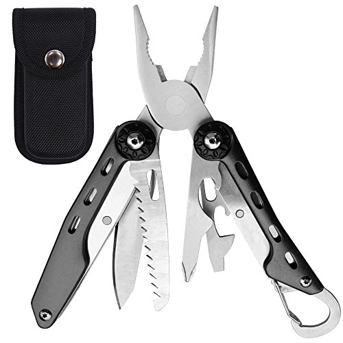 Multi-herramienta con Hebilla Colgante, XBoze 10 en 1 Alicate Multiusos Plegables de Acero Inoxidable Herramientas Multiusos para Camping Viaje Cocina Trabajo Montañismo (Mitad Negro)