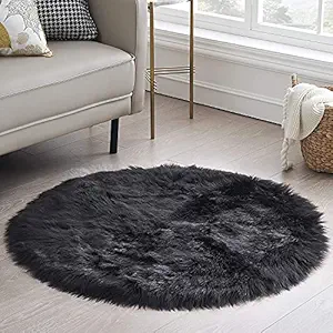 CottonFry Kids Faux Fur Round Fluffy Play Mat for Nursery (Black, 30 x30