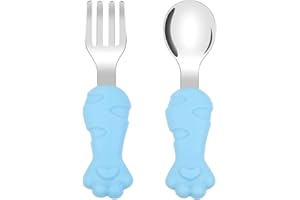 Vicloon Tenedor y Cuchara de Acero Inoxidable para Niños, Cubiertos Infantilescon Caja Antipolvo,Utensilios para Niños Pequeños Tenedor y Cuchara para bebe Aprendizaje