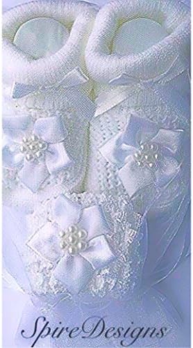 Newborn Baby Girls Knitted White Flower Booties Christening Bootees Socks Shoes & Crochet Heaband - in Gift Bag- 0-3 Months