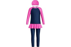 IBAKOM Girls Muslim Swimwear Modest Swimming Costume Hijab Hooded Burkini Rash Guard Bathing Suit Top Pants Two Pieces Tankini Beachwear Surfing Outfit Full Coverage Swimsuit