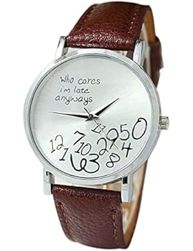 Sannysis Neuer Frauen-Leder Uhr Who Cares ich zu spät auch immer Schreiben Uhren