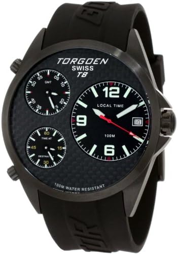 TORGOEN Swiss T08304 Men's 45.5mm Aviation Watch with Triple Time Zone, Carbon Fibre Dial and Black PU Strap