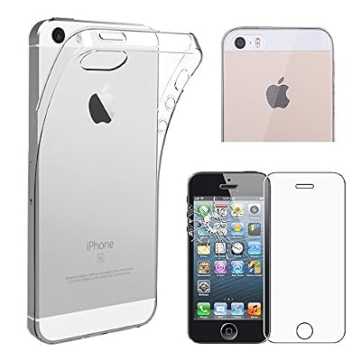 ebestStar - pour Apple iPhone SE 5S 5 - Housse Coque Silicone Gel Souple ULTRA FINE INVISIBLE + Film protection écran en VERRE Trempé, Couleur Transparent [Dimensions PRECISES de votre appareil : 123.8 x 58.6 x 7.6 mm, écran 4'']