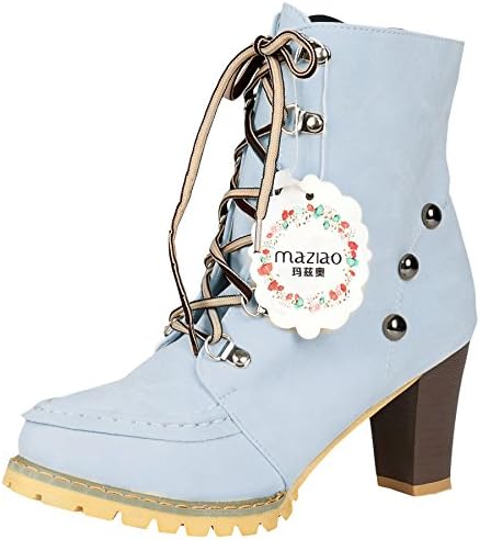 Maziao Women's High-heeled Martin Ankle Boots, Blue, 4 UK
