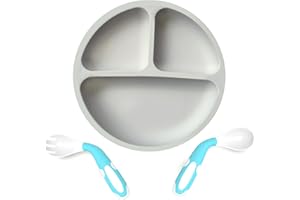 RHSHANLICUN Assiette bébé avec ventouse,Assiette enfant en silicone avec cuillère fourchette sans BPA,Assiette enfant antidérapante Toddler avec séparateur,Set de vaisselle enfant pour (Gris)