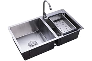 KANGTEN Lavello da cucina in acciaio inox, doppio lavello con scolapiatti a incasso, 78 x 43 x 22 cm, utilizzabile per cucina e lavanderia